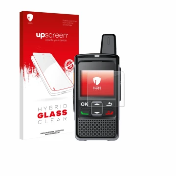 Vorderseite einer Produktverpackung mit dem Markenlogo upscreen. Daneben ist das Gerät Hytera PNC360S mit dem zugehörigen Disp