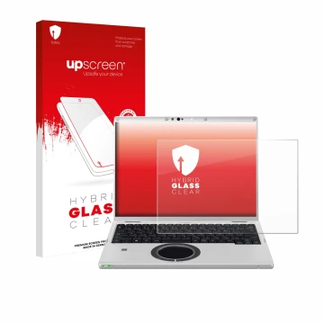 Vorderseite einer Produktverpackung mit dem Markenlogo upscreen. Daneben ist das Gerät Panasonic CF-FV3 mit dem zugehörigen Di