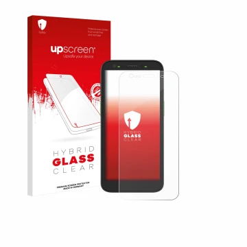 Vorderseite einer Produktverpackung mit dem Markenlogo upscreen. Daneben ist das Gerät Zebra TC501 mit dem zugehörigen Display