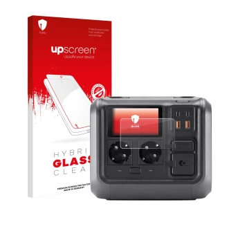 Vorderseite einer Produktverpackung mit dem Markenlogo upscreen. Daneben ist das Gerät DJI Power 500 mit dem zugehörigen Displ