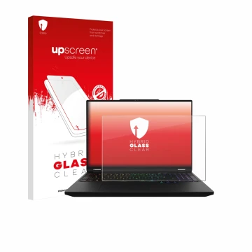 Vorderseite einer Produktverpackung mit dem Markenlogo upscreen. Daneben ist das Gerät XMG Apex 16 Max mit dem zugehörigen Dis