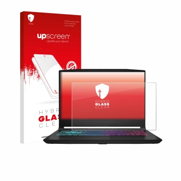 Vorderseite einer Produktverpackung mit dem Markenlogo upscreen. Daneben ist das Gerät MSI Katana 15 HX B14 mit dem zugehörige