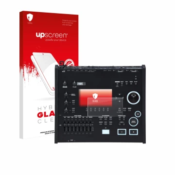 Vorderseite einer Produktverpackung mit dem Markenlogo upscreen. Daneben ist das Gerät Roland V71 mit dem zugehörigen Displays