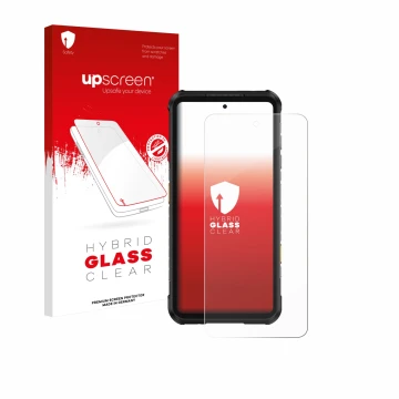 Vorderseite einer Produktverpackung mit dem Markenlogo upscreen. Daneben ist das Gerät Ulefone RugOne Xever 7 Pro mit dem zuge