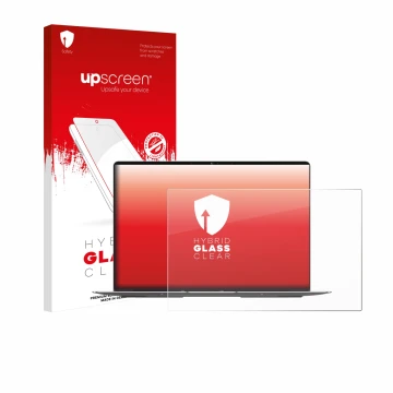 Vorderseite einer Produktverpackung mit dem Markenlogo upscreen. Daneben ist das Gerät Geekom GeekBook X14 Pro mit dem zugehör