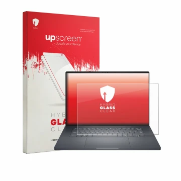 Vorderseite einer Produktverpackung mit dem Markenlogo upscreen. Daneben ist das Gerät Dell Pro Precision 7 Series 16 mit dem 