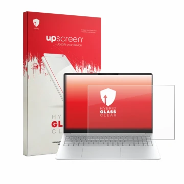 Vorderseite einer Produktverpackung mit dem Markenlogo upscreen. Daneben ist das Gerät HP OmniBook 3 16 16-bw0750ng mit dem zu