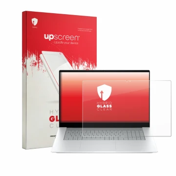 Vorderseite einer Produktverpackung mit dem Markenlogo upscreen. Daneben ist das Gerät HP OmniBook X 17-de0776ngx mit dem zuge