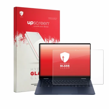 Vorderseite einer Produktverpackung mit dem Markenlogo upscreen. Daneben ist das Gerät HP EliteBook X Flip G2i 14