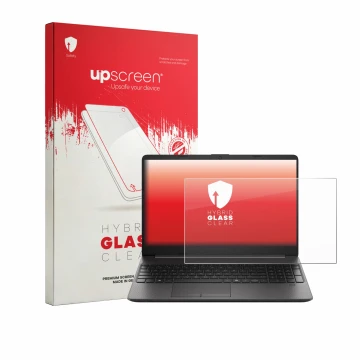 Vorderseite einer Produktverpackung mit dem Markenlogo upscreen. Daneben ist das Gerät HP EliteBook 250RT G9 mit dem zugehörig