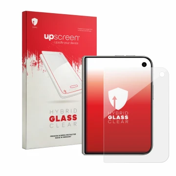 Vorderseite einer Produktverpackung mit dem Markenlogo upscreen. Daneben ist das Gerät Apple iPhone Duo mit dem zugehörigen Di