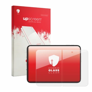 Vorderseite einer Produktverpackung mit dem Markenlogo upscreen. Daneben ist das Gerät Apple iPhone Duo (Inneres Display) mit 