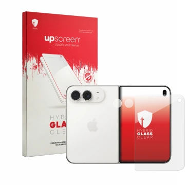 Vorderseite einer Produktverpackung mit dem Markenlogo upscreen. Daneben ist das Gerät Apple iPhone Duo (Display+Kamera) mit d