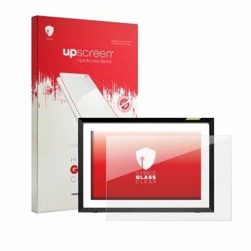 Vorderseite einer Produktverpackung mit dem Markenlogo upscreen. Daneben ist das Gerät Nixplay Klassischer 10.1