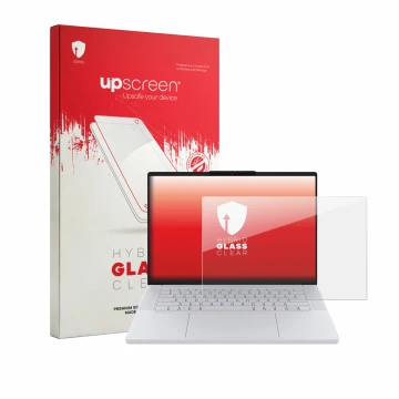 Vorderseite einer Produktverpackung mit dem Markenlogo upscreen. Daneben ist das Gerät Lenovo Googlebook 15 mit dem zugehörige