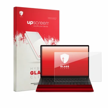 Vorderseite einer Produktverpackung mit dem Markenlogo upscreen. Daneben ist das Gerät HP Scuderia Ferrari Notebook mit dem zu