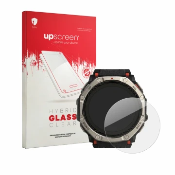 Vorderseite einer Produktverpackung mit dem Markenlogo upscreen. Daneben ist das Gerät Huami Amazfit T-Rex Dual Solar mit dem 