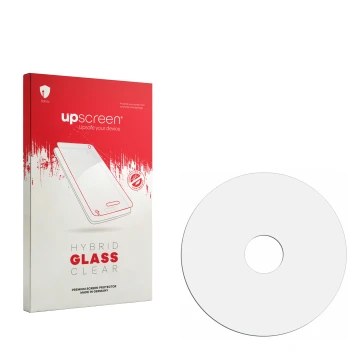 Vorderseite einer Produktverpackung mit dem Markenlogo upscreen. Daneben ist der zugehörige Displayschutz.
