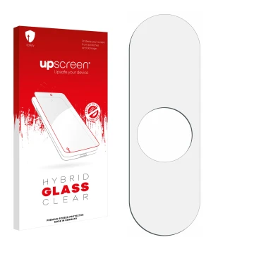 Vorderseite einer Produktverpackung mit dem Markenlogo upscreen. Daneben ist der zugehörige Displayschutz.