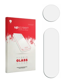 Vorderseite einer Produktverpackung mit dem Markenlogo upscreen. Daneben ist der zugehörige Displayschutz.