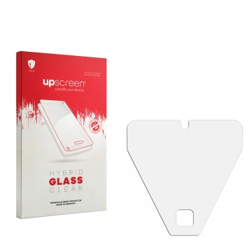 Vorderseite einer Produktverpackung mit dem Markenlogo upscreen. Daneben ist der zugehörige Displayschutz.