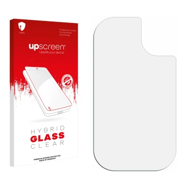 Vorderseite einer Produktverpackung mit dem Markenlogo upscreen. Daneben ist der zugehörige Displayschutz.