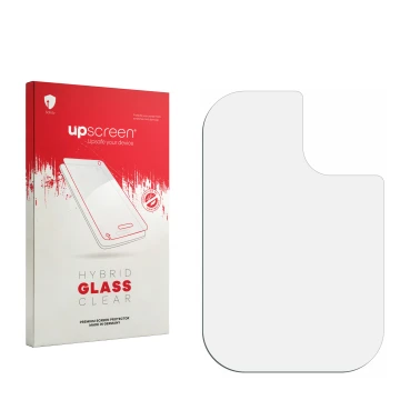 Vorderseite einer Produktverpackung mit dem Markenlogo upscreen. Daneben ist der zugehörige Displayschutz.