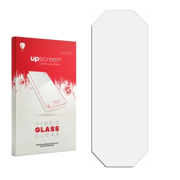 Vorderseite einer Produktverpackung mit dem Markenlogo upscreen. Daneben ist der zugehörige Displayschutz.