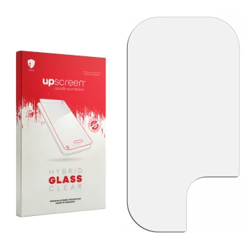 Vorderseite einer Produktverpackung mit dem Markenlogo upscreen. Daneben ist der zugehörige Displayschutz.