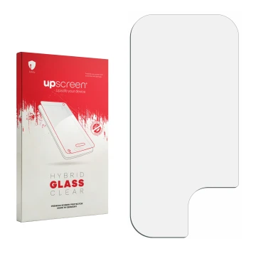Vorderseite einer Produktverpackung mit dem Markenlogo upscreen. Daneben ist der zugehörige Displayschutz.