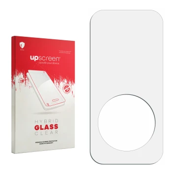 Vorderseite einer Produktverpackung mit dem Markenlogo upscreen. Daneben ist der zugehörige Displayschutz.