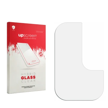 Vorderseite einer Produktverpackung mit dem Markenlogo upscreen. Daneben ist der zugehörige Displayschutz.