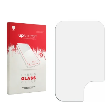 Vorderseite einer Produktverpackung mit dem Markenlogo upscreen. Daneben ist der zugehörige Displayschutz.
