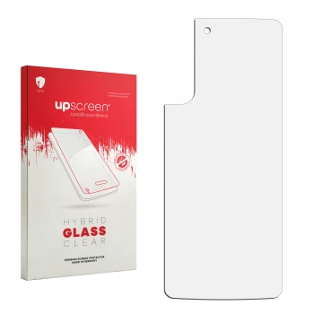 Vorderseite einer Produktverpackung mit dem Markenlogo upscreen. Daneben ist der zugehörige Displayschutz.