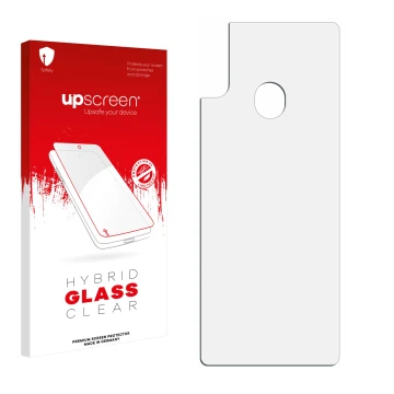 Vorderseite einer Produktverpackung mit dem Markenlogo upscreen. Daneben ist der zugehörige Displayschutz.