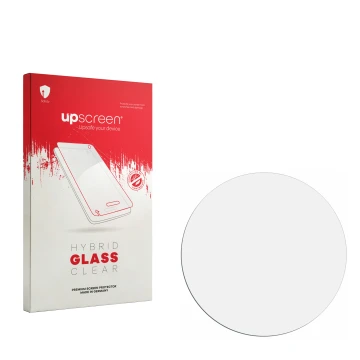 Vorderseite einer Produktverpackung mit dem Markenlogo upscreen. Daneben ist der zugehörige Displayschutz.