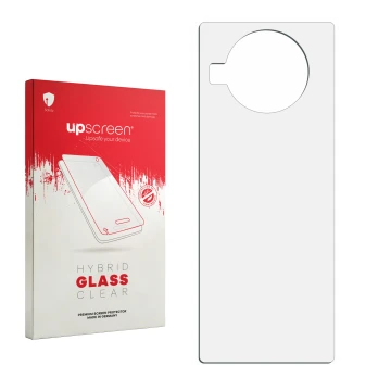 Vorderseite einer Produktverpackung mit dem Markenlogo upscreen. Daneben ist der zugehörige Displayschutz.