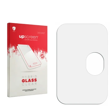 Vorderseite einer Produktverpackung mit dem Markenlogo upscreen. Daneben ist der zugehörige Displayschutz.