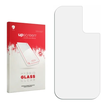 Vorderseite einer Produktverpackung mit dem Markenlogo upscreen. Daneben ist der zugehörige Displayschutz.