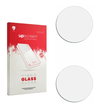 Vorderseite einer Produktverpackung mit dem Markenlogo upscreen. Daneben ist der zugehörige Displayschutz.