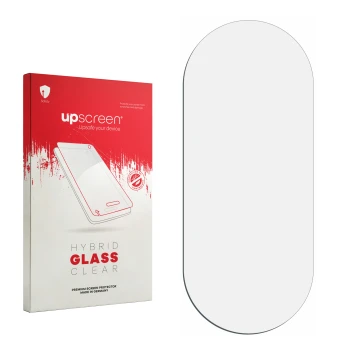 Vorderseite einer Produktverpackung mit dem Markenlogo upscreen. Daneben ist der zugehörige Displayschutz.