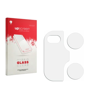 Vorderseite einer Produktverpackung mit dem Markenlogo upscreen. Daneben ist der zugehörige Displayschutz.