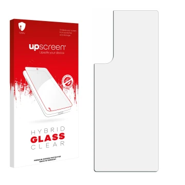 Vorderseite einer Produktverpackung mit dem Markenlogo upscreen. Daneben ist der zugehörige Displayschutz.