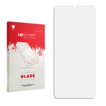 Vorderseite einer Produktverpackung mit dem Markenlogo upscreen. Daneben ist der zugehörige Displayschutz.