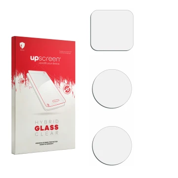 Vorderseite einer Produktverpackung mit dem Markenlogo upscreen. Daneben ist der zugehörige Displayschutz.
