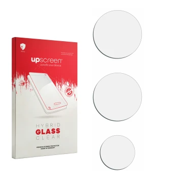 Vorderseite einer Produktverpackung mit dem Markenlogo upscreen. Daneben ist der zugehörige Displayschutz.