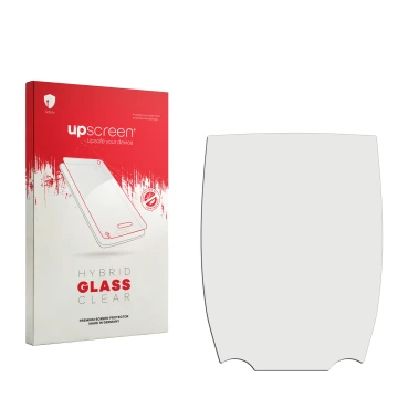 Vorderseite einer Produktverpackung mit dem Markenlogo upscreen. Daneben ist der zugehörige Displayschutz.
