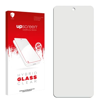 Vorderseite einer Produktverpackung mit dem Markenlogo upscreen. Daneben ist der zugehörige Displayschutz.