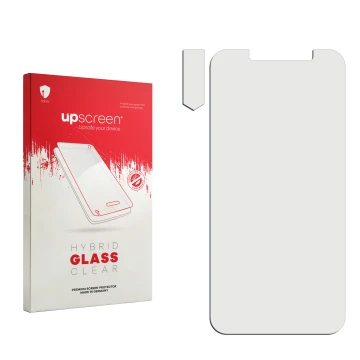 Vorderseite einer Produktverpackung mit dem Markenlogo upscreen. Daneben ist der zugehörige Displayschutz.