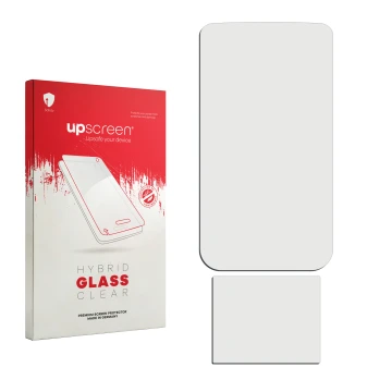 Vorderseite einer Produktverpackung mit dem Markenlogo upscreen. Daneben ist der zugehörige Displayschutz.